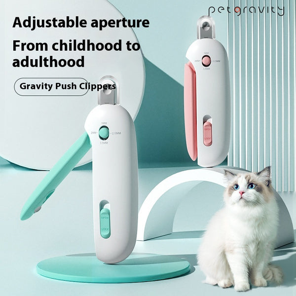 Pet grooming clippers with adjustable aperture, featuring a cat on a light blue background.