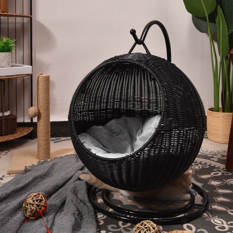 Spherical Hanging Cat Nest – Detachable Washable Rattan Basket Pet Bed