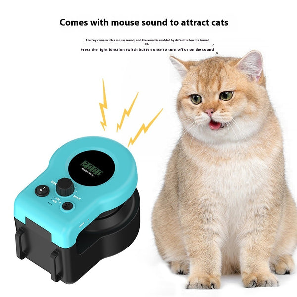 Turquoise and black device with a cat and text about attracting cats with a mouse sound on a white background.