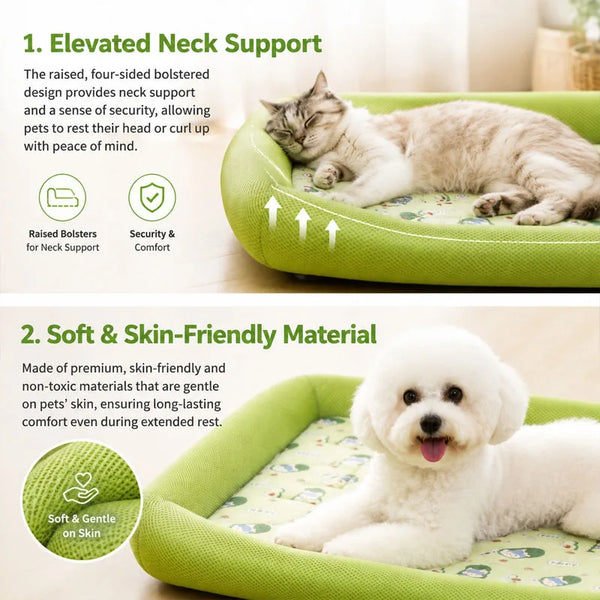 Green pet bed with a cat and dog on it, highlighting elevated neck support and soft material features.