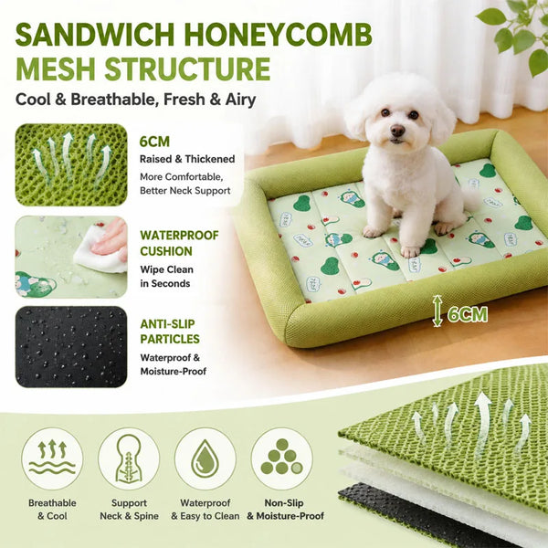 Pet bed with honeycomb mesh structure, showing a dog on it, and features listed.