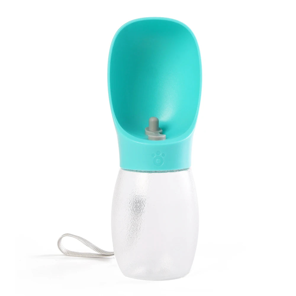 Turquoise pet water bottle with a white base on a white background