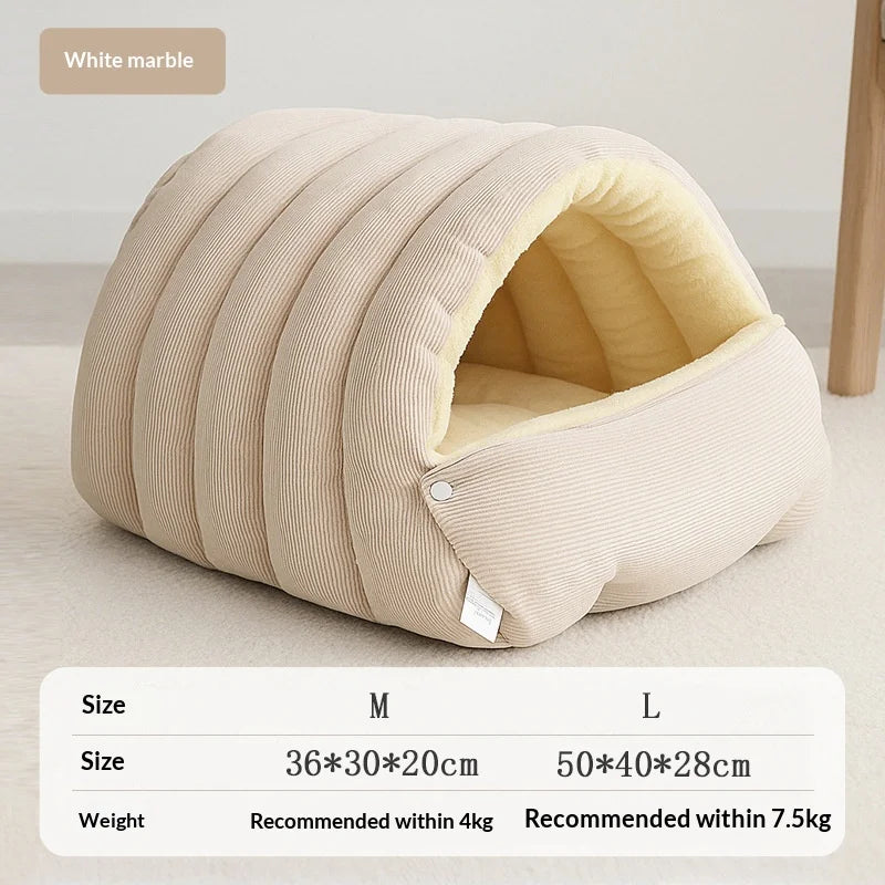 Pet Castle winter thermal plush enclosed cat bed with white poodle puppy relaxing inside