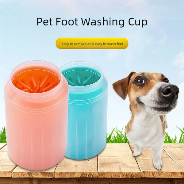 Pet foot washing cup with two colors on a wooden surface, dog in the background