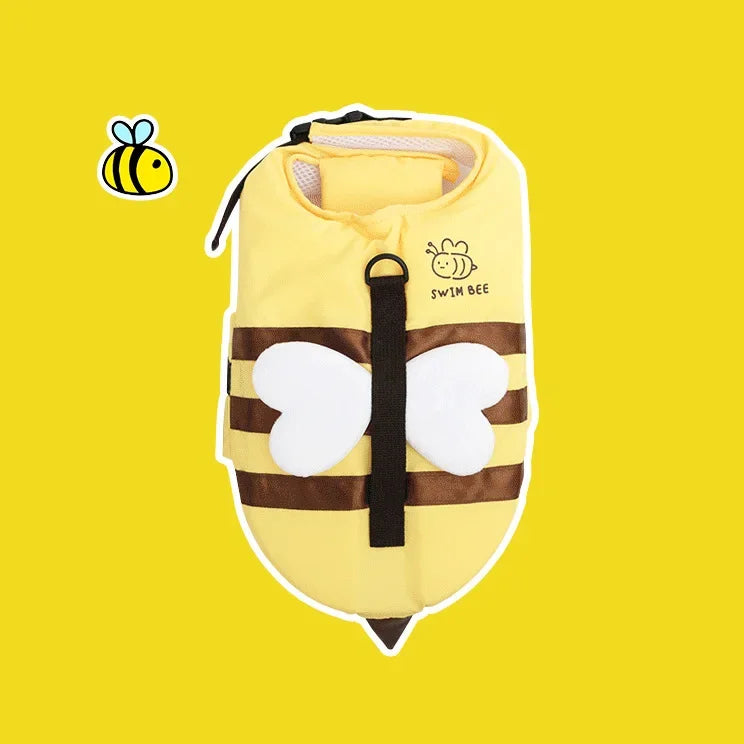 Children's life jacket with bee design on a yellow background