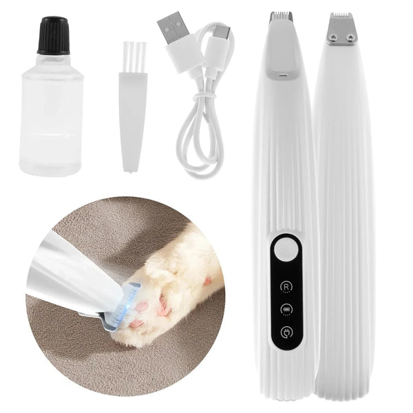 Pet grooming tool set with a close-up of a paw being groomed.