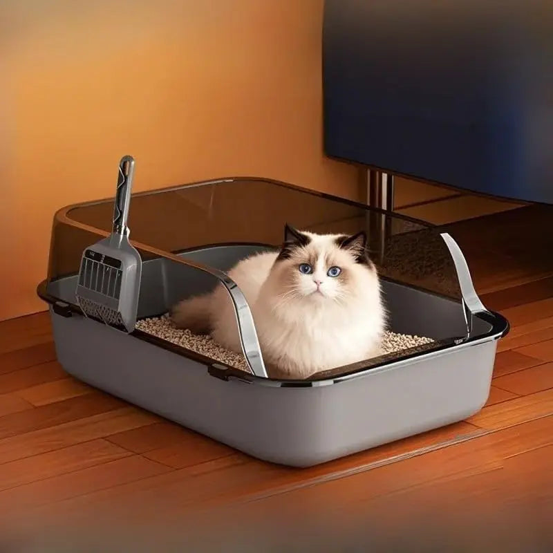 Semi-Enclosed Cat Litter Box – Splashproof High-Sided Kitten Toilet Tray