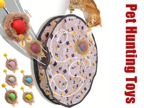 A cat tunnel play toy with a patterned fabric tunnel, plush catnip stations, and a climbing pole, shown with a ginger cat climbing on it. The image includes a vertical red text overlay reading 'Pet Hunting Toys' and smaller inset views of the toy on a white background.