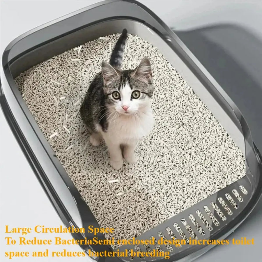 Semi-Enclosed Cat Litter Box – Splashproof High-Sided Kitten Toilet Tray