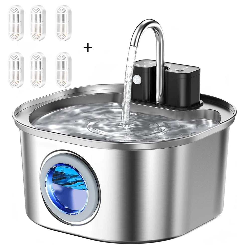 Stainless steel pet water fountain with water flowing, surrounded by water filter cartridges on a white background.
