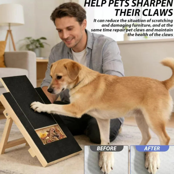 Wooden dog nail trim scratch board with pull-out treat box and sandpaper pad