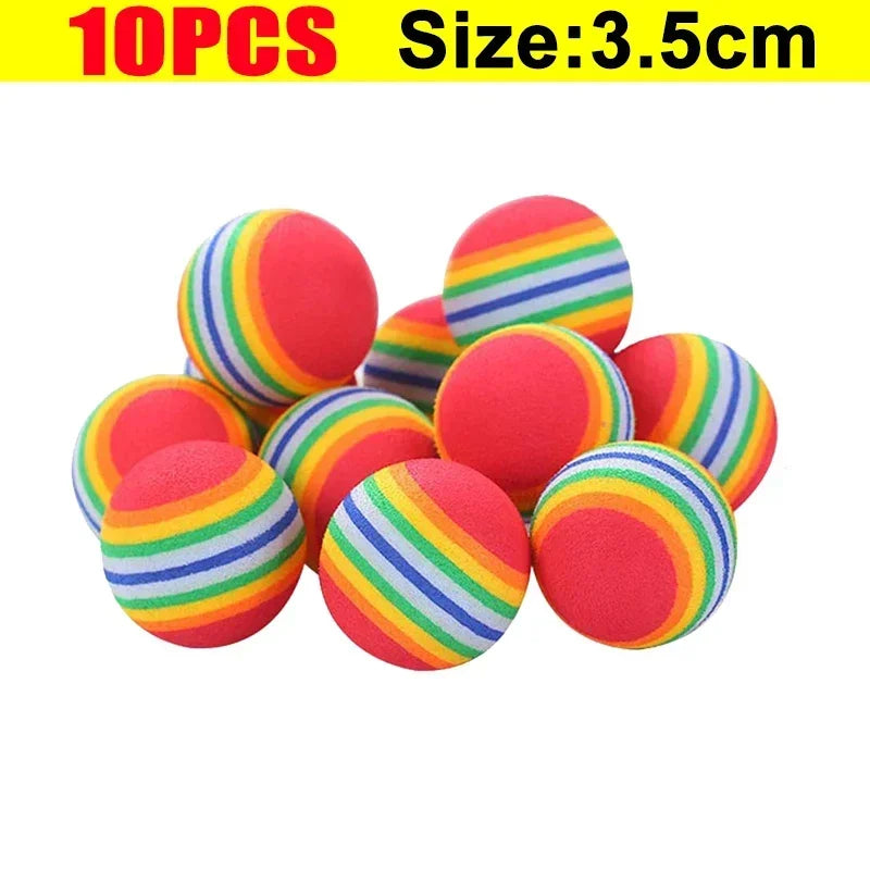 Colorful striped balls with text indicating quantity and size on a white background