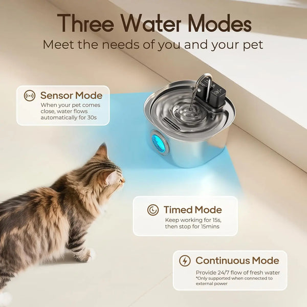 Pet water fountain with three modes and a cat interacting with it on a light-colored floor.