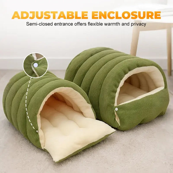 Pet Castle winter thermal plush enclosed cat bed with white poodle puppy relaxing inside