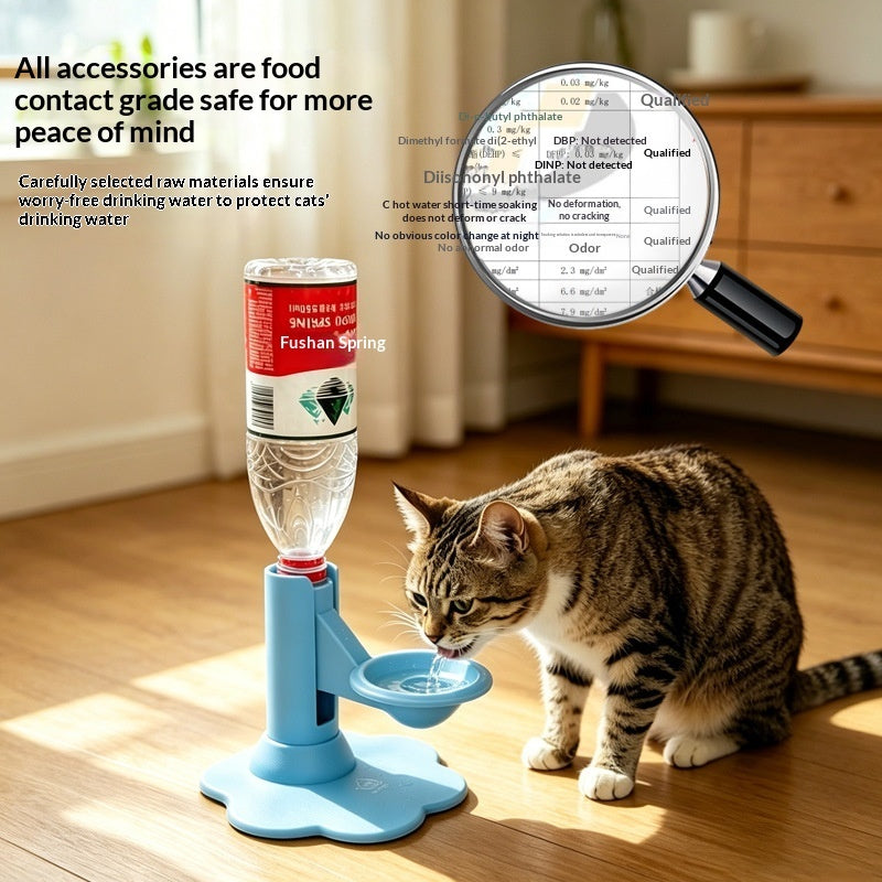 A cat drinking water from a blue automatic pet water fountain with a clear water bottle, shown on a wooden floor with a magnifying glass graphic highlighting safe materials.