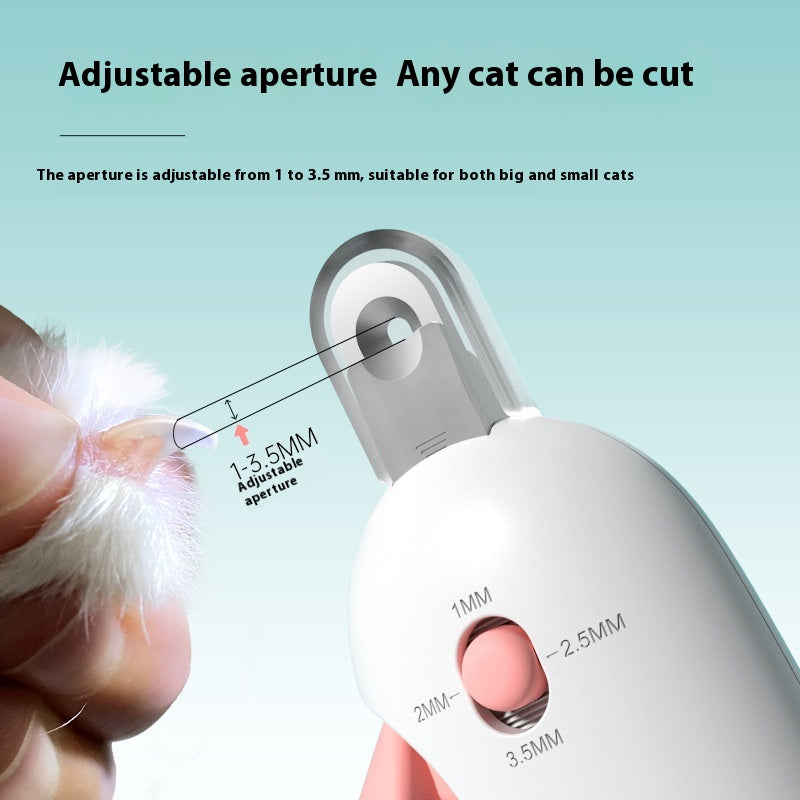 Cat grooming tool with adjustable aperture on a light blue background
