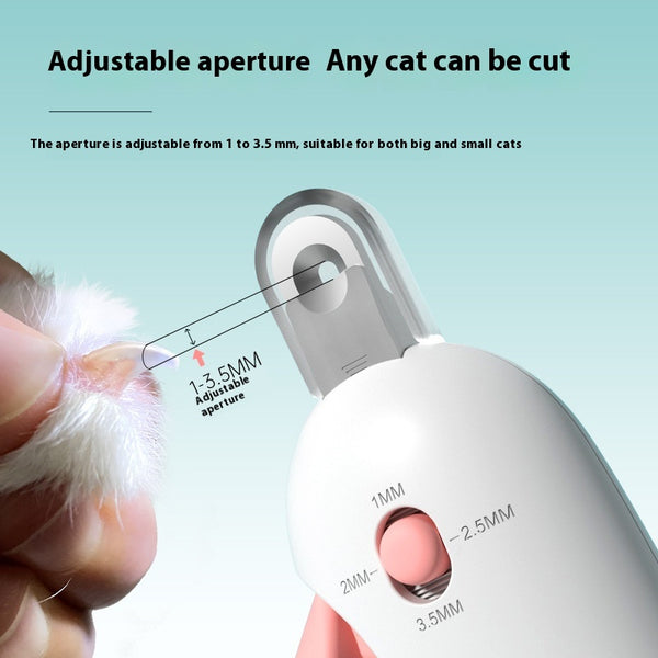 Cat grooming tool with adjustable aperture on a light blue background