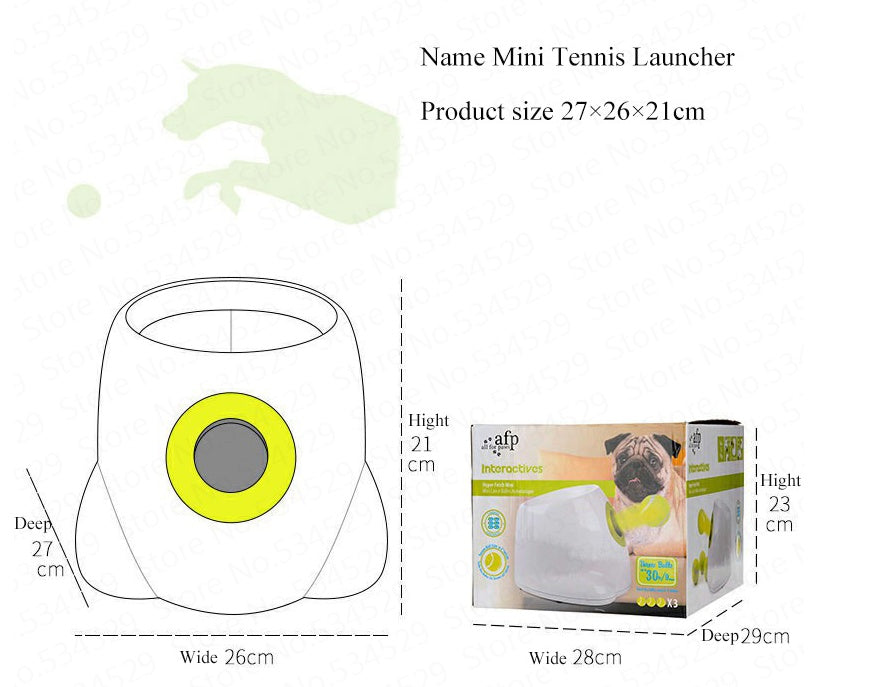 Mini tennis launcher with dimensions and a comparison to a box.