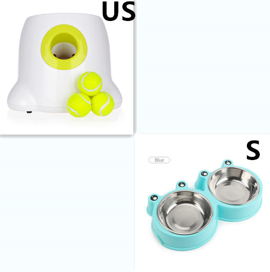 Pet toy with tennis balls and pet bowls on a white background