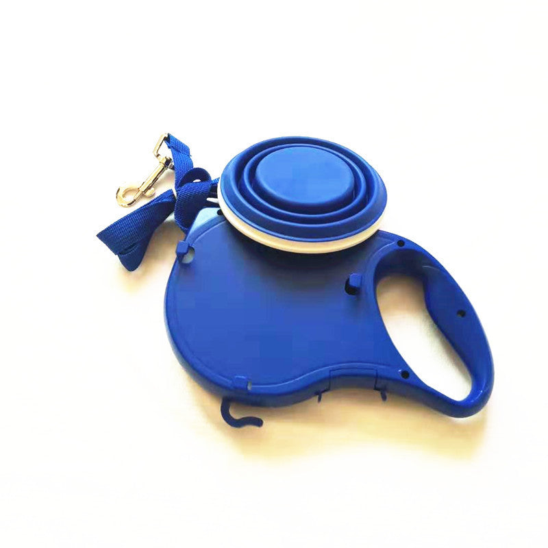 Blue retractable dog leash on a white background