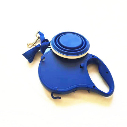Blue retractable dog leash on a white background