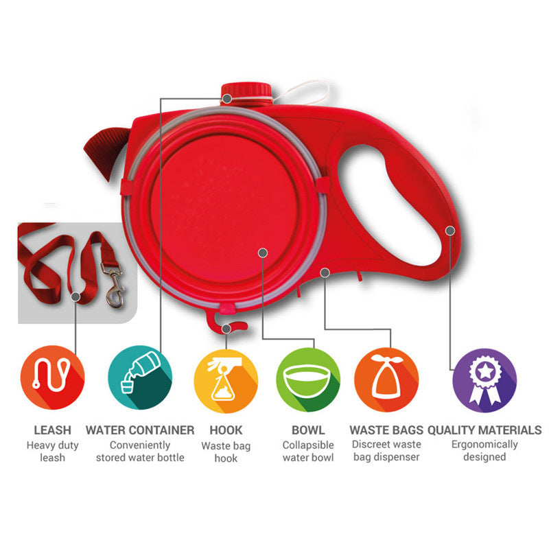 Red pet leash and collar set with features highlighted on a white background