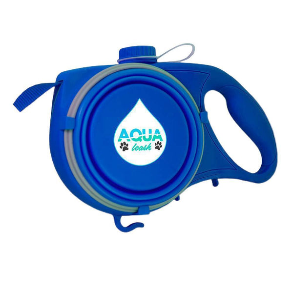 Blue retractable dog leash with 'Aqua Leash' branding on a white background