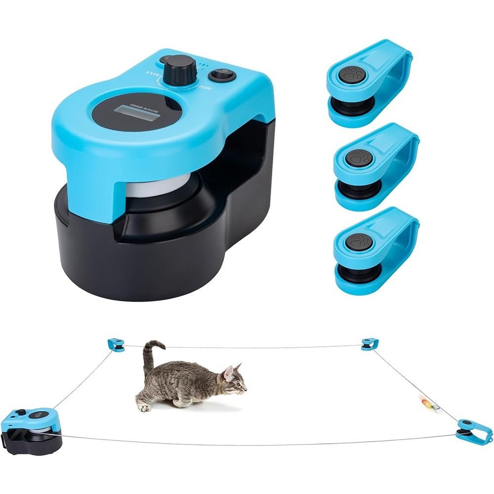 Cat toy with blue and black design, featuring a cat playing with it on a white background.