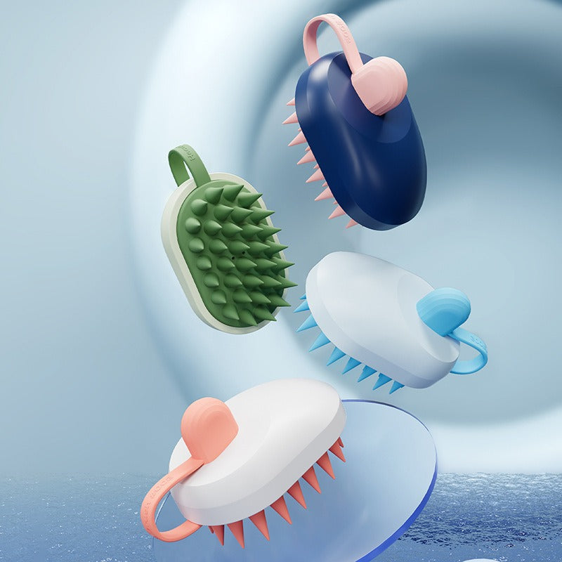 Four pet grooming tools with different designs on a light blue background