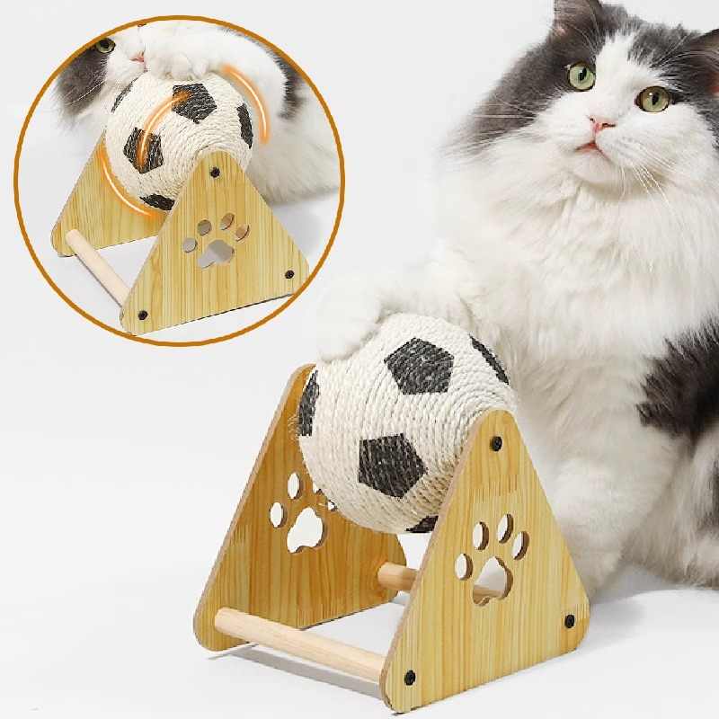 Cat playing with a wooden toy featuring a ball with paw prints on a white background