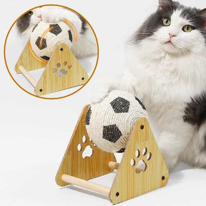 Cat playing with a wooden toy featuring a ball with paw prints on a white background