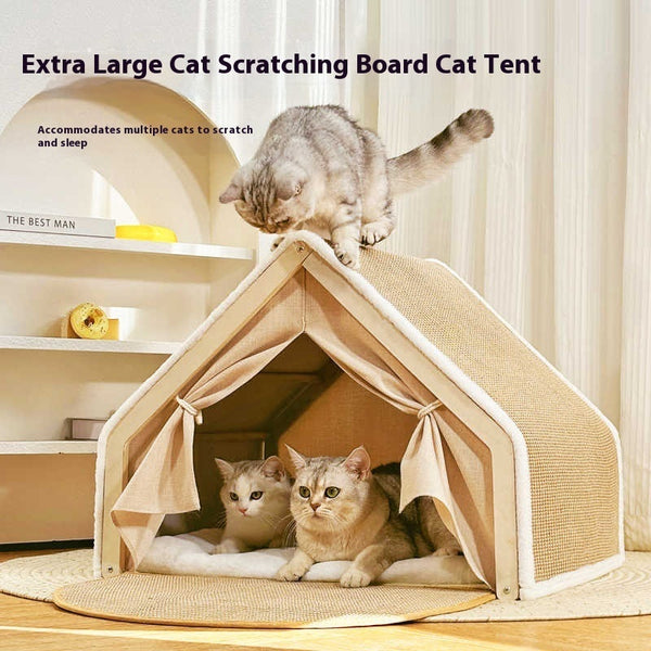 Cat scratching board cat tent with cats inside in a home setting