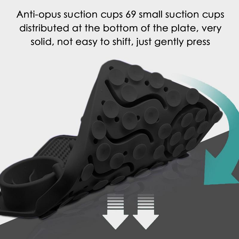 Black suction cup plate with text explaining its features on a gray background