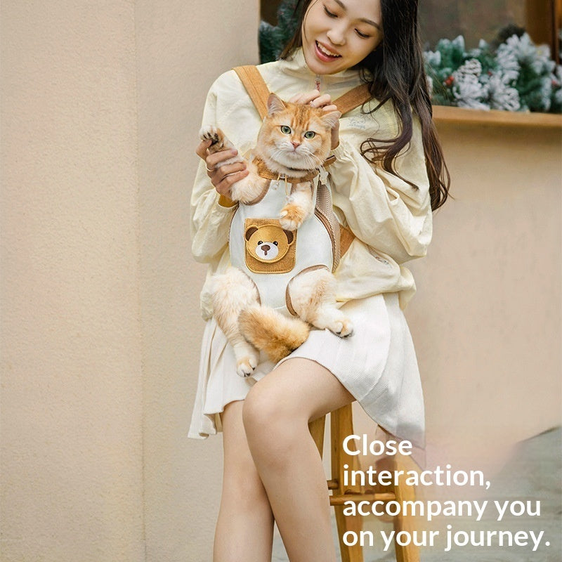 Woman holding a cat in a harness with a bear design, sitting on a chair.