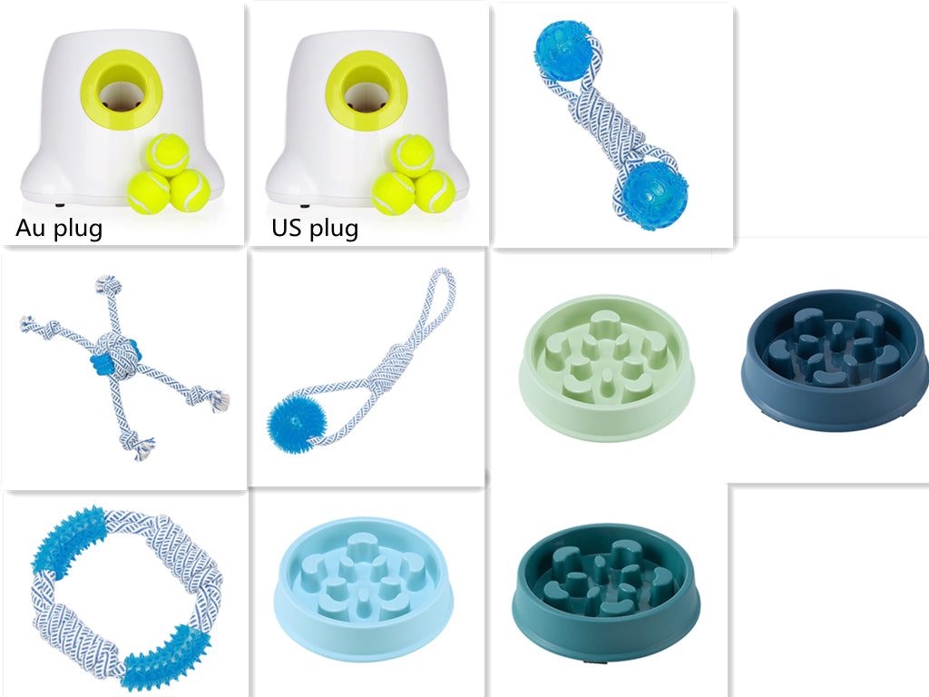 Collection of pet toys and accessories with different designs and colors on a white background.
