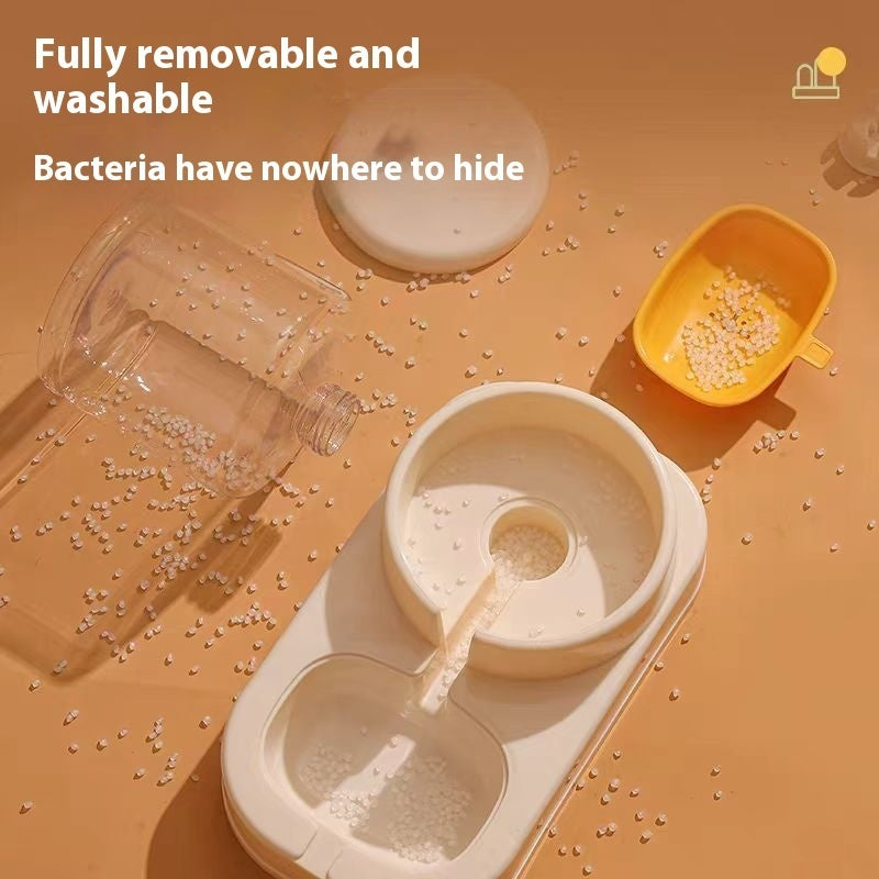 Dishwashing setup with a bowl, cup, and bottle on a brown surface with text about removable and washable components.