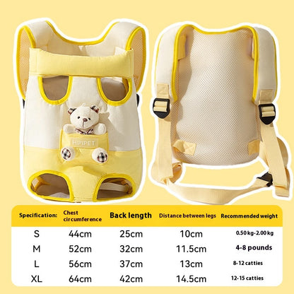 Pet carrier with specifications on a yellow background