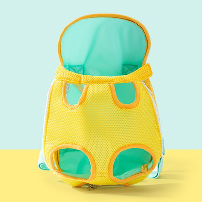 Yellow and green baby bath seat with mesh design on a light blue background