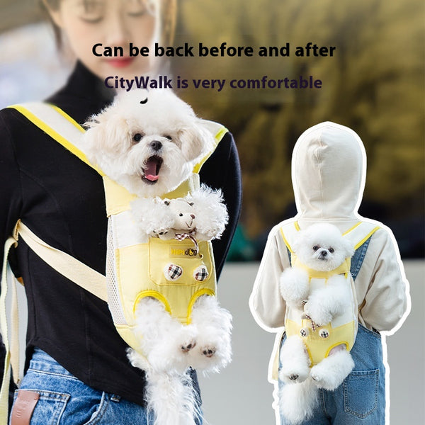 Two people wearing yellow pet carriers with small white dogs inside, with text overlay.