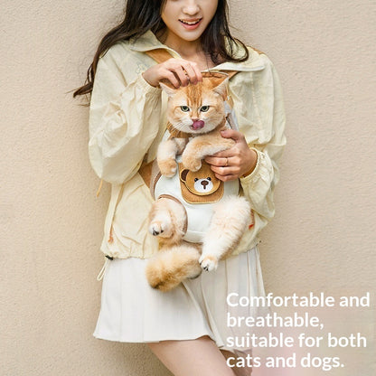 Person holding a cat in a carrier with text about comfort and suitability for pets.