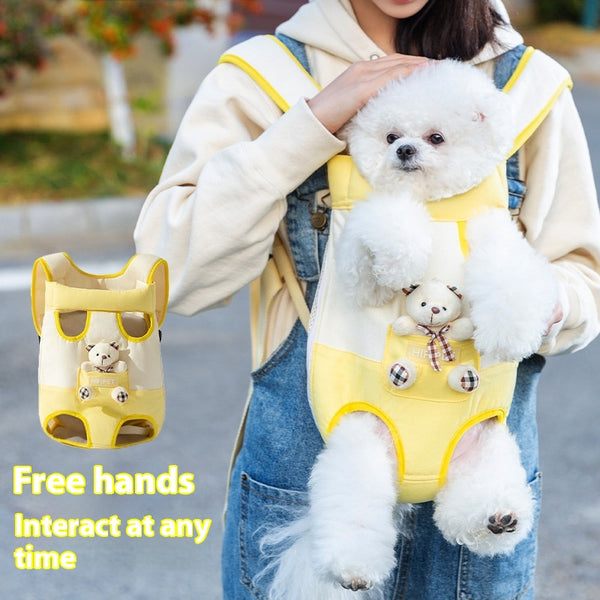 Person holding a small white dog in a yellow pet carrier with a teddy bear design, outdoors.