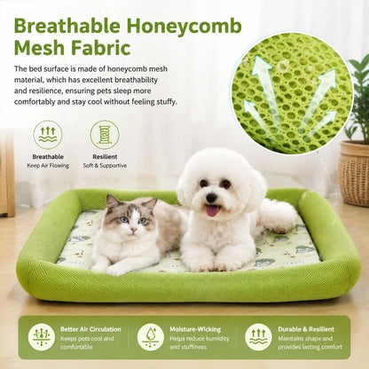 Green pet bed with two pets on a light wooden floor, featuring text about breathable honeycomb mesh fabric.