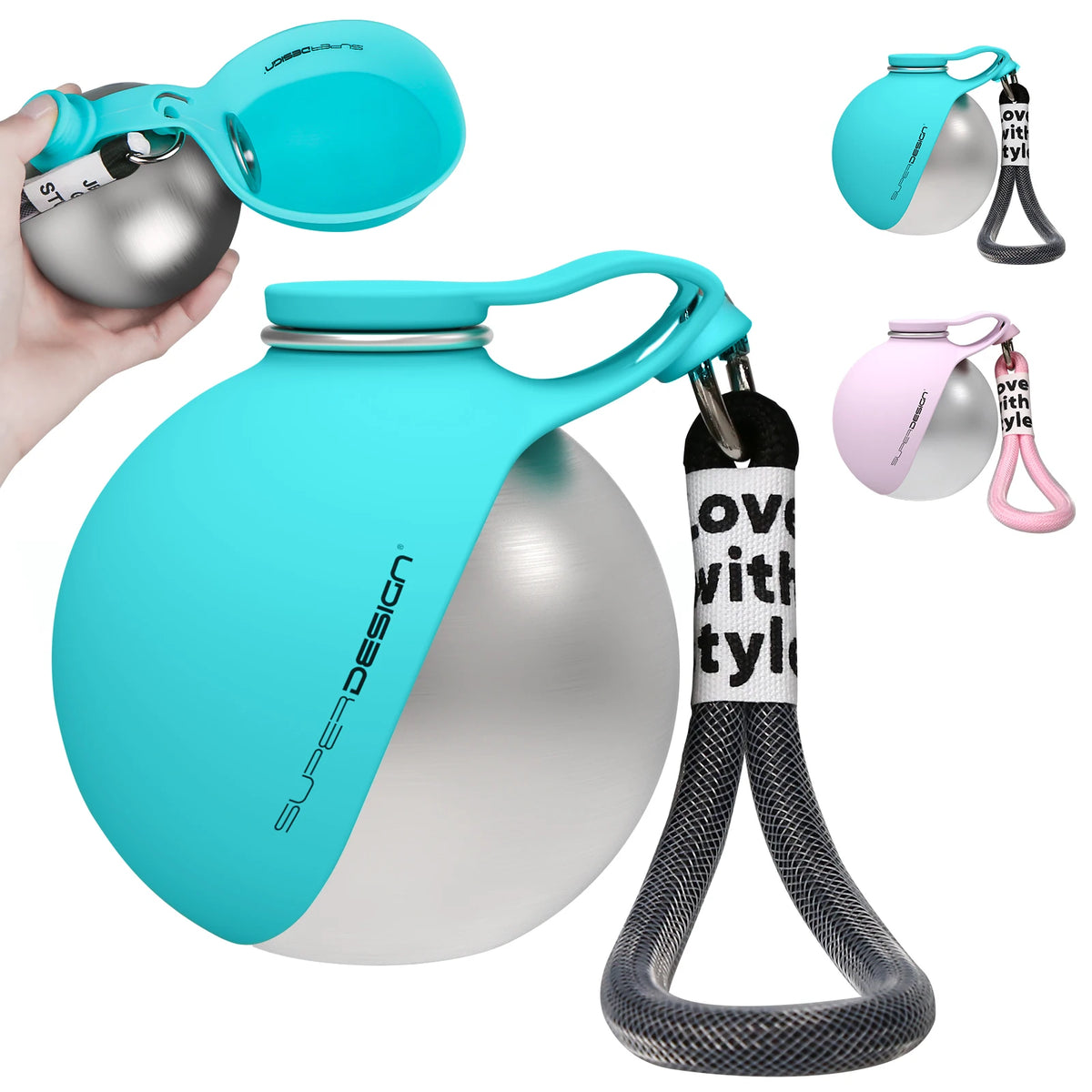 Turquoise and silver ball-shaped product with keychain and 'Super Design' branding on a white background.