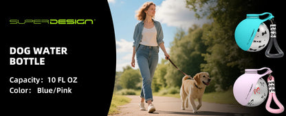 Woman walking a dog with a blue and pink dog water bottle on a path with trees in the background.