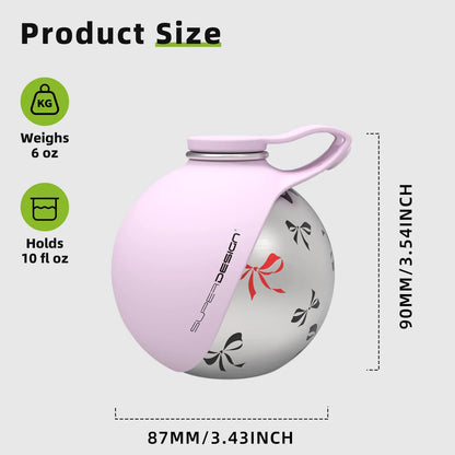 Pink and silver container with measurements and weight details on a white background