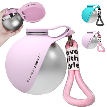 Pink and silver pet waste bag dispenser with a keychain on a white background