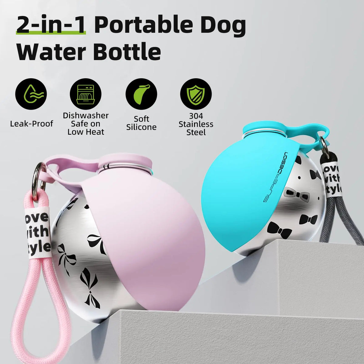 Pet Castle 2-in-1 portable leak-proof dog water bottle stainless steel silicone for small dogs