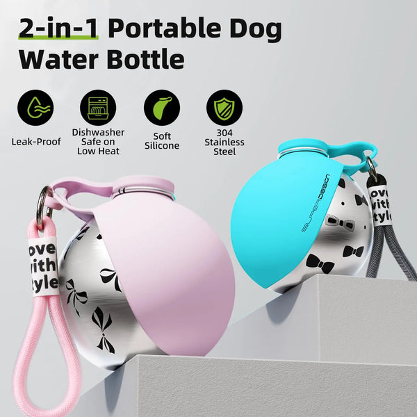 Pet Castle 2-in-1 portable leak-proof dog water bottle stainless steel silicone for small dogs