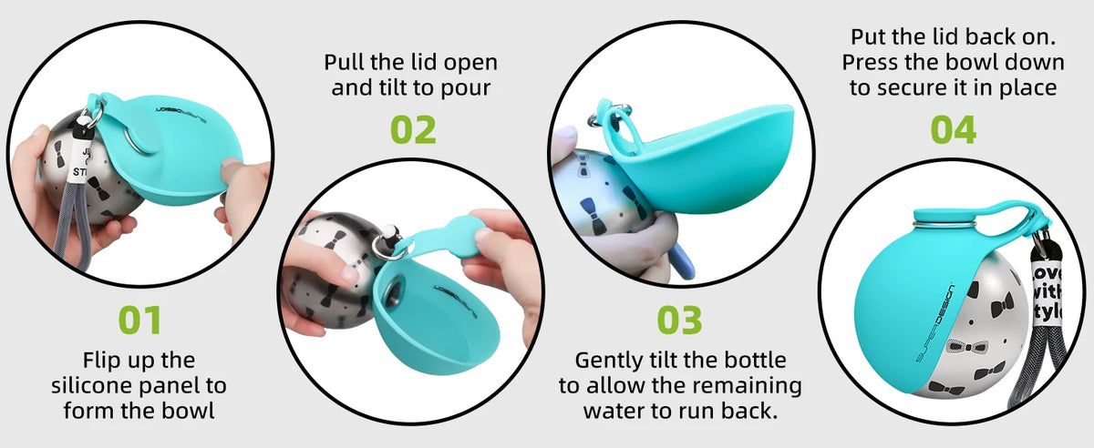 Step-by-step instructions for using a turquoise water bottle with a silicone lid.