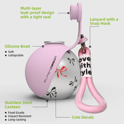 Pink and white water bottle with features highlighted on a gray background